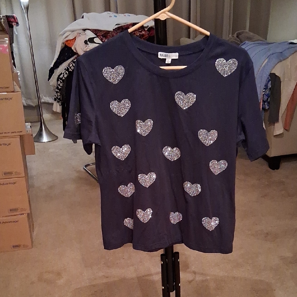 Navy Heart-Embellished Short Sleeve Tee